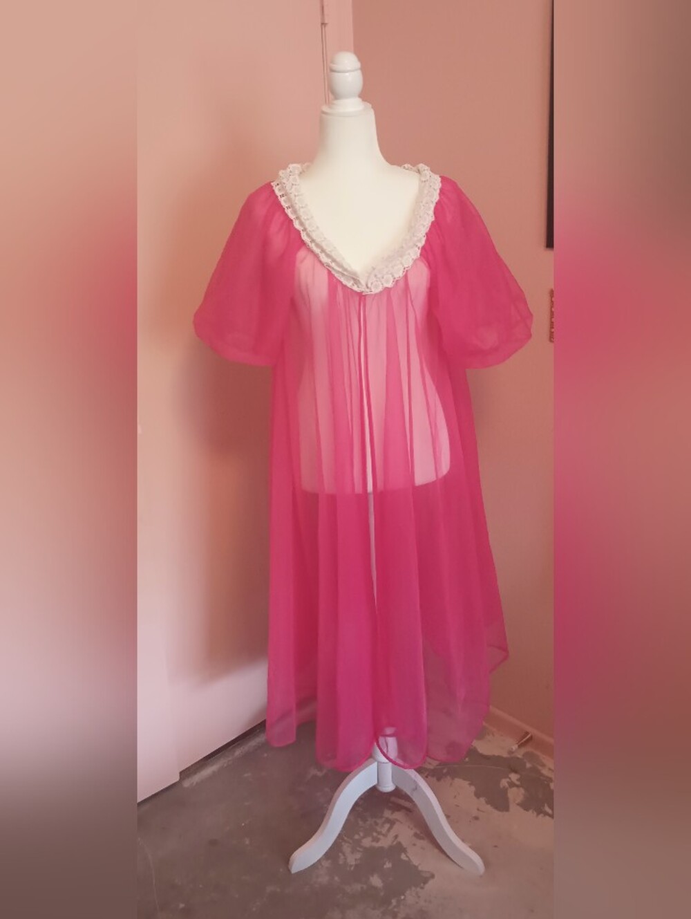 Vintage Hot Pink Chiffon Peignoir Robe